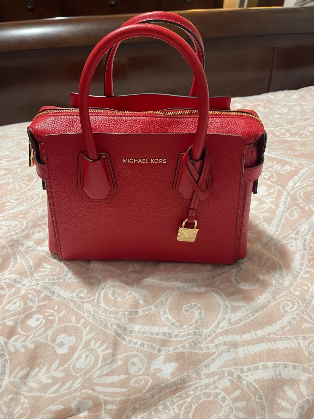 Michael Kors Red Pebbled Leather Satchel with Gold Hardware